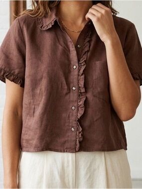 J.Crew Brown Linen Ruffle Trim Short Sleeve Button Down Shirt Women’s Small